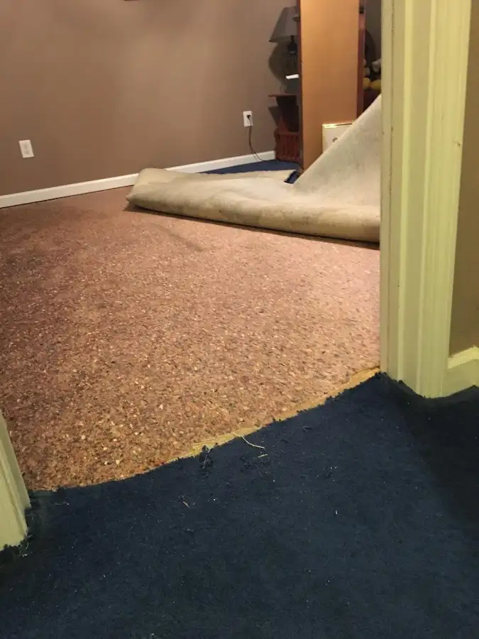 Carpet pad removal revealing water damage during Drying & Dehumidification in Corona